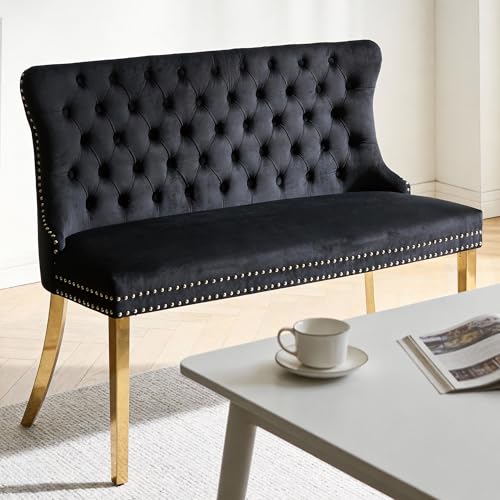 Velvet Upholstered Dining Bench with Back,Luxury Tufted Small Love Seat Settee Sofa Benches,Wingback Banquette Seating Bench with Nailhead Trim Stainless Steel Legs (1, Black+Gold) - color: Black+gold