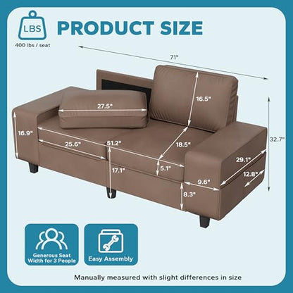 71" Small Loveseat Couch, 2 Seater Leathaire Sofa with 4 Side Pockets, Removable and Washable Cushions, Living Room，Apartment, Office (Coffee) - color: Coffee Leathaire, size: 71 "