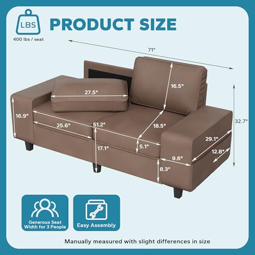 71" Small Loveseat Couch, 2 Seater Leathaire Sofa with 4 Side Pockets, Removable and Washable Cushions, Living Room，Apartment, Office (Coffee) - color: Coffee Leathaire, size: 71 "