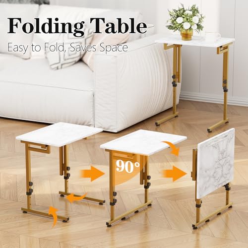 Folding tv Tray Dinner Snack Table,6 Height Adjustable Slide Under Couch Side Table, Portable Small Foldable C-Shaped End Table for Eating with Sturdy MDF Top,No Assembly(White Marble+Gold) - color: White Marble + Gold