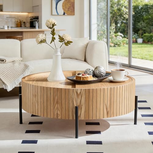 Modern 31.5” Round Coffee Table, Small Center Table with Large Built in Storage, MDF Wood Side Table, Dinning Table for Living Room, Apartment, Small Space.(Natural) - color: Natural-d