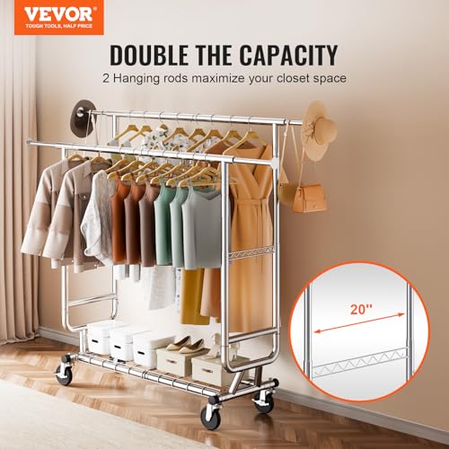VEVOR Clothes Rack, Rolling Clothing Garment Rack, Extendable Carbon Steel Clothing Racks with Wheels for Bedroom, Laundry, Living Room - style: 2Rod,21.5"D x 75.4"W x 73.5"H