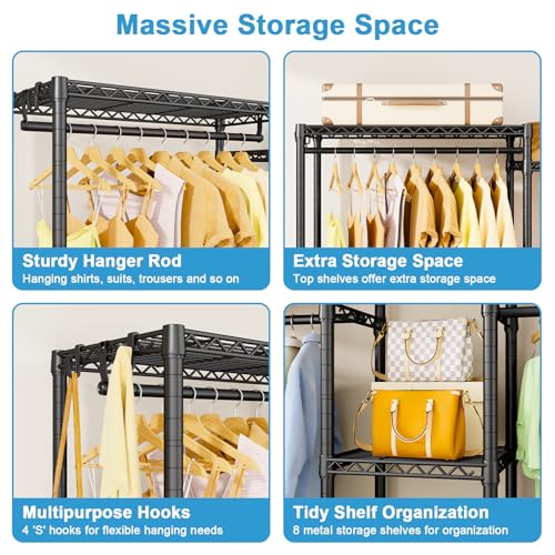 E4 Clothes Rack, Heavy-Duty Garment Rack Can Be L-Shaped Closet, Black | Metal Freestanding Clothing Organization Storage System with Shelves and Hangers, Load 962lbs - color: Black