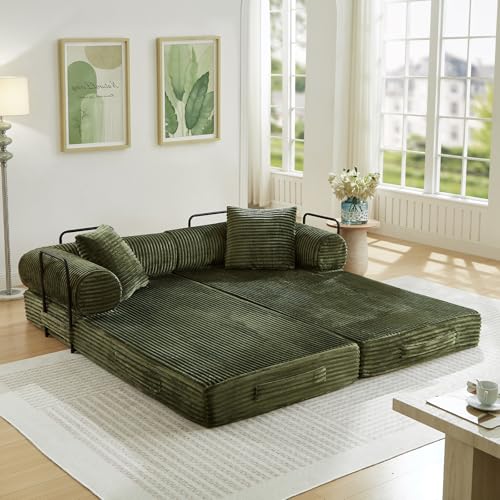 Antetek Modular Couch Bed, Convertible Folding Plush Corduroy Comfy Floor Compression Loveseat Sleeper Sofa Couch, King Size Bed for Guest Room Living Room Bedroom, No Assembly Required, Green