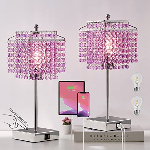 Luvkczc Purple Bedside Crystal Table Lamp Set of 2, Touch Control Lamps,Dimmable Lamp with Crystal Shade for Bedroom, Girl Living Room, 6W B11 Bulb Included - color: Purple, 2 Pack