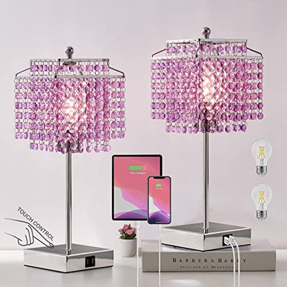 Luvkczc Purple Bedside Crystal Table Lamp Set of 2, Touch Control Lamps,Dimmable Lamp with Crystal Shade for Bedroom, Girl Living Room, 6W B11 Bulb Included - color: Purple, 2 Pack