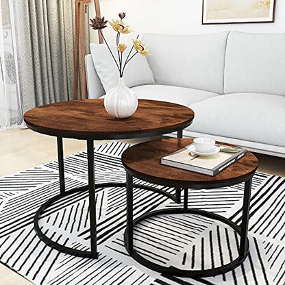 HOMERECOMMEND Round Coffee Table Set of 2 for Living Room,Rustic Brown | Modern Nesting Side End Table,Round Wooden Table with Solid Powder-Coated Metal Frame,round nesting coffee table set of 2 - color: Brown