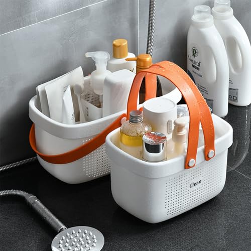Portable Shower Caddy Basket with Handle Plastic Storage Basket Small White | Sturdy Drainage Large Capacity Organizer Basket with Silicone Handles for Bathroom Kitchen Bedroom College Dorm Essentials - color: White, size: Small