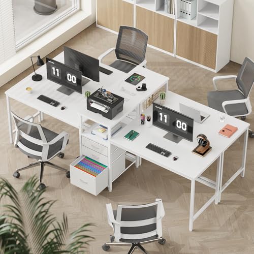 GYIIYUO 93'' Two Person Desk with Charging Station, Long Desk with 3 Drawer | Double Computer Desk with Printer Shelf, 2 Person Writing Study Table Workstation for Home Office, White - color: White