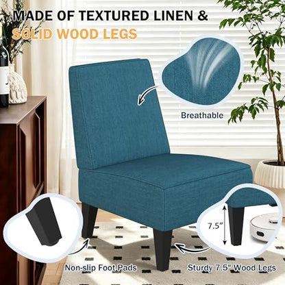 Armless Accent Chairs Set of 2, Blue Upholstered Linen Slipper Chair with Solid Wood Legs, Mid Century Modern Side Chairs for Small Living Room Bedroom Apartment Reading Nook - color: Blue