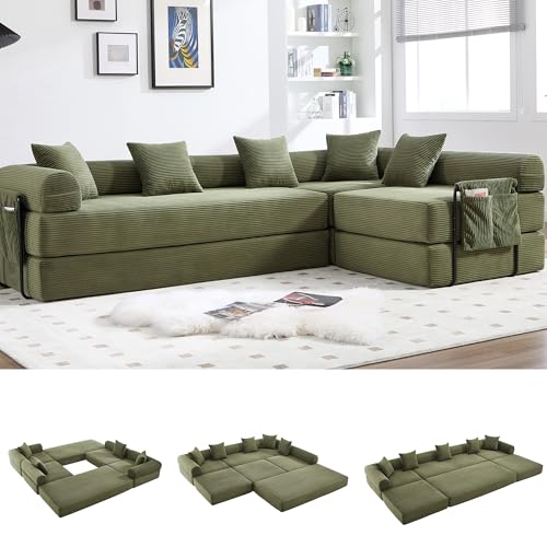 L-Shape Modular Sectional Sofa Bed, Corduroy Boneless Couch, Olive Green | Boneless Couches for Living Room, Sleeper Futon Sofa Bed, Modular Couch with Storage, Pull Out Couch, No Assembly Required - color: Olive Green