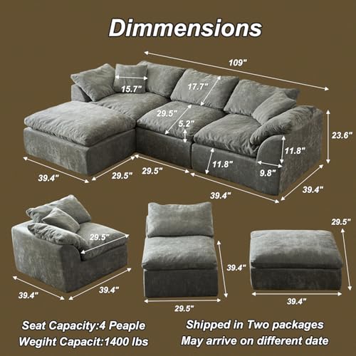 Cloud Couch Sectional for Living Room, Modular L Shaped Boneless Sofa with Chaise, Compressed No Assembly Couch, Deep Seat Chenille Upholstered Convertible Sofa Bed (Grey) - color: Grey