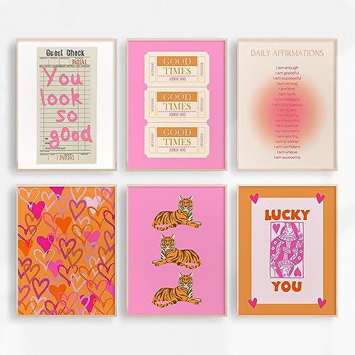 Preppy Wall Art Pink Orange Wall Decor Trendy Canvas Wall Art Aesthetic Pictures Girl Posters Inspirational Daily Affirmation Prints Lucky You Artwork Set of 6 for Dorm Room 12x16 Inch Unframed - color: Preppy Poker Prints, size: 12x16 Inch Unframed