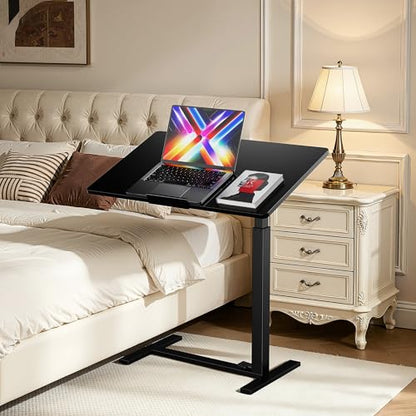 Mobile Standing Desk Adjustable Overbed Table, Pneumatic Height Adjustable Rolling Laptop Desk with Hidden Wheels, 0-180°Tilt Top Rolling Computer Cart Foldable for Home Office, Craft & Study, Black - color: Black, style: Fully Tiltable