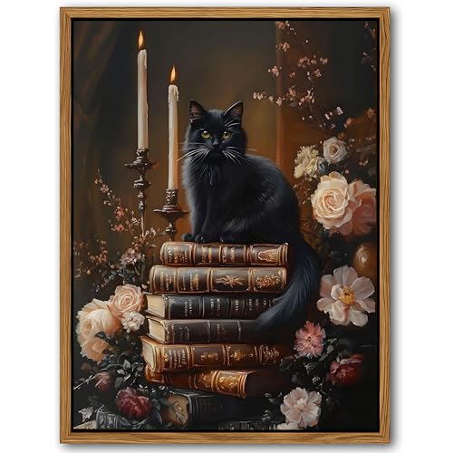 Floating Framed Cat Canvas Wall Art – Vintage Books Floral Dark Academia Decor, Victorian Gothic Botanical Flowers Pictures for Living Room Bedroom Gallery Library Wall Decor – 12x16in - color: Black Cat, size: 16"L x 12"W