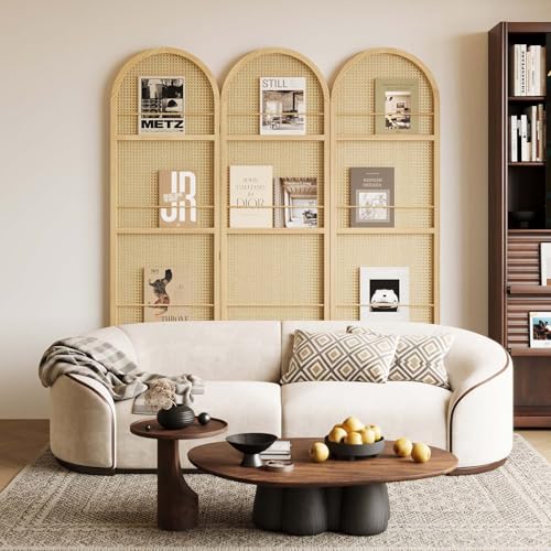 Rattan Room Divider with Built-in Bookshelf | Foldable Privacy Screen & Portable Partition for Home Office, Bedroom, Reading Nook | Wooden Frame, Freestanding Design (Natural-Rattan) - color: Natural-rattan