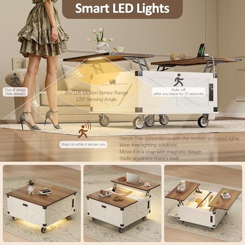 Farmhouse Coffee Table with Lifting Top & 4 Wheels for Living Room | LED White Square Center Tables with Large Storage & Charging Station, Wood