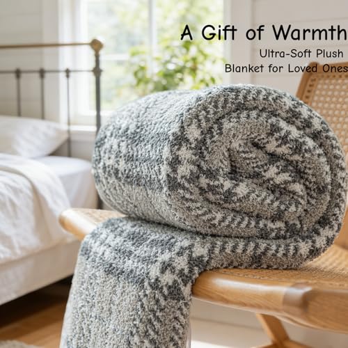 Fuzzy Knit Checkered Throw Blanket 50"x60" Fleece Blanket Grey | Breathable Use for All Seasons, 550GSM Soft Cozy Skin Friendly Touch for Couch Bed Office Chair Wrapping, Machine Washable