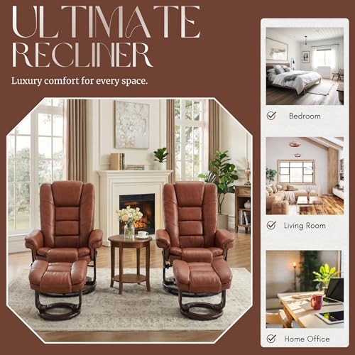 Swivel Recliner Chair with Ottoman Reclining Lounge Sofa Footrest, Set of 2 | 360°Sturdy Wood Base, Soft Faux Leather, Upholstered Ultra-Plush Foam, Modern Armchair, Living Room Bedroom Office Reading - color: Brown, size: Set of 2