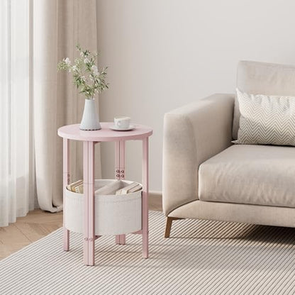 Small Round Side Table, Accent End Table with Storage Basket, Set of 2 Half Round Coffee Table End Table, Half Moon Bedside Table, Modern Nightstand Couch Table for Living Room Bedroom, Pink - color: Pink