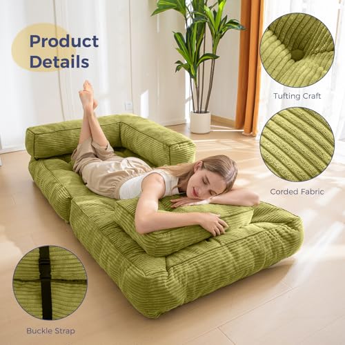 MAXYOYO Folding Sofa Bed, Convertible Chair Bed with Pillow | L-Shaped Floor Sofa with Armrest and Pillow, Foldable Portable Fold Out Comfy Chair Bed for Living Room Bedroom, Green - color: Green