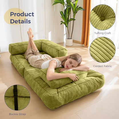 MAXYOYO Folding Sofa Bed, Convertible Chair Bed with Pillow | L-Shaped Floor Sofa with Armrest and Pillow, Foldable Portable Fold Out Comfy Chair Bed for Living Room Bedroom, Green - color: Green