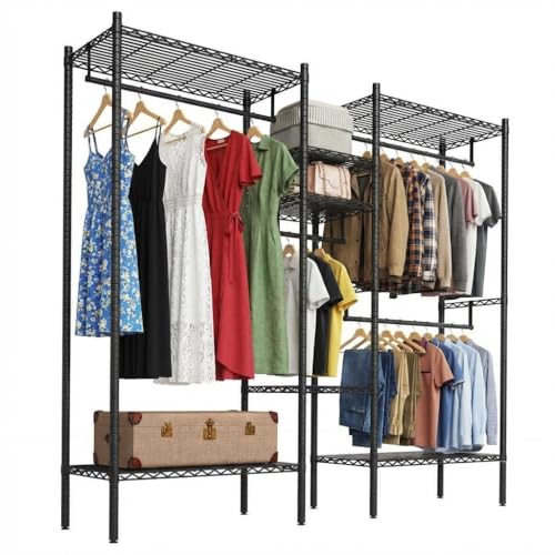 PioneerWorks Heavy Duty Garment Rack 1210 LBS, Commercial Clothing Rack with 4 Adjustable Shelves, Freestanding Wardrobe Closet Organizer, Metal Storage Rack for Home, Retail, Laundry Room - size: 86.2"W x 17.3"D x 76.4"H