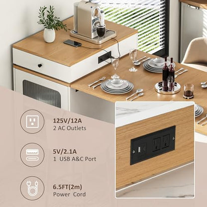 59.5" Kitchen Island with Extendable Dining Table, Kitchen Storage Table with Double-Sided Storage & 2 Drawers, Power Outlet, Side Open Shelves, for Dining Room (White3) - color: White3