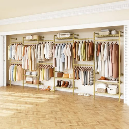 H6 Wall Mounted Closet System, Industrial Pipe Clothes Rack, Gold | Metal Clothing Rack with 6 Telescopic Rods & 3 Fixing Rods & 9 Shelves, Heavy Duty Closet Organizers and Storage in Wardrobe - color: Gold