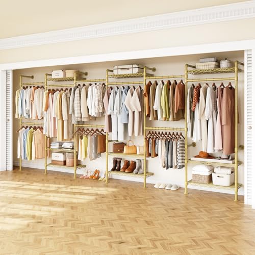 H6 Wall Mounted Closet System, Industrial Pipe Clothes Rack, Gold | Metal Clothing Rack with 6 Telescopic Rods & 3 Fixing Rods & 9 Shelves, Heavy Duty Closet Organizers and Storage in Wardrobe - color: Gold