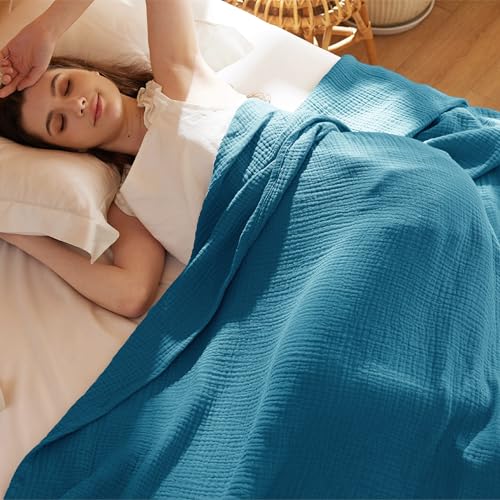 Bedsure 100% Cotton Muslin Blanket King Size for Bed - 4-Layer Breathable and Lightweight Thin Soft Summer Gauze Muslin Blanket for Adults, Teal, 108x90 Inches | Lightweight Breathable Summer Gauze Muslin Blanket for Adults, Soft Thin Bedspread Coverlet A
