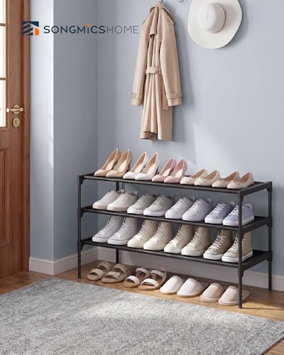 SONGMICS HOME Slim Shoe Storage Organizer, 3-Tier Metal Shoe Rack, for Hallway Closet, Non-Woven Fabric Shelves, Black - color: Black, size: 3 Tiers (11.8"D x 36.3"W)