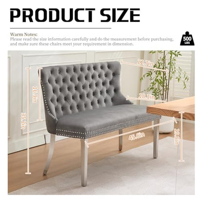 Grey Velvet Dining Bench with Back, Tufted Banquette Seating, Silver Legs | Upholstered loveseat bench; tufted back; nailhead trim; 500 lb capacity; foam and spring seat; dining room or entryway - color: Grey(silver Stainless Steel Legs)