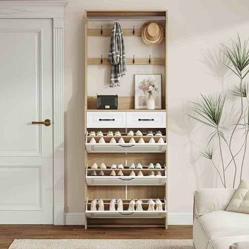 Resenko's Slim Shoe Storage Cabinet with 8 Hooks, Hidden Rack & 5 Drawers for Entryway, Hallway - color: White & Oak