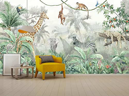 Reyhui Kids Wallpaper Tropical Leves and Safari Animals | 151"x105" Not Peel and Stick Wall Mural for Wall Bedroom Living Room TV Background Sofa Wall - color: MURAL-013, size: 151" x 105"