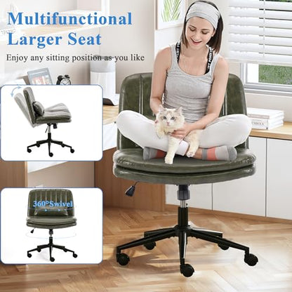 TUNYI Criss Cross Chair with Wheels Armless Wide Cross Legged Office Chair Swivel Height Adjustable Computer Task Vanity Chair with Pillow for Home Office, Dressing Room (Dark Green) - color: Dark Green