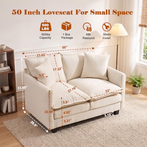 50'' Loveseat Sofa Set, Small Couch Set 2 Piece Cloud Love Seat with 27" Deep Seat Washable Chenille Pillows Couches for Small Spaces Apartment Living Room, Beige - color: Beige, size: 50"+50"