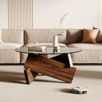 Honyee Modern Round Coffee Table, 30.7" x 30.7" x 16.1" Tempered Glass Top for Living Room, Color: Walnut - color: Walnut