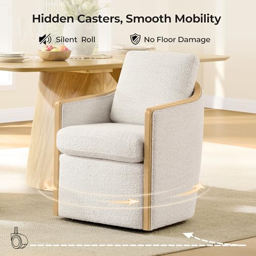CHITA Upholstered Dining Chairs Set of 4 with Hidden Casters, Pearl | Fully Assembled Modern Dining Chair with Backrest & Wood Armrest, Chenille Barrel Chairs for Dining Room, Kitchen Chairs - color: Pearl, size: set of 4