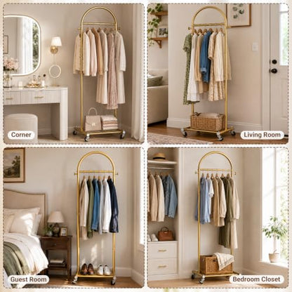 MISSLO 18" Small Clothes Racks for Hanging Clothes Arched Shape Gold Clothing Rack with Wheels 70" Metal Rolling Garment Rack with Shelves for Small Space, Bedroom, Laundry, Gold - color: Gold