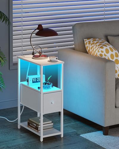 TUTOTAK Small Narrow LED End Table with Charging Station, Set of 2 | Side Table with Outlets, Nightstand with Cloth Drawer, Couch Table for Living Room, Bedroom, White TB01BW059 - color: White, style: 1 Drawer with Plug & Light