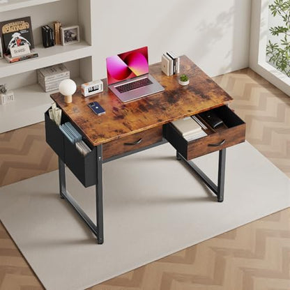 DUMOS 32" Home Office Computer Desk with Drawers, Small Gaming Writing Study Table with Storage Side Bag, Headphone Hook and Adjustable Feet for Bedroom Rustic Brown | Small Writing Desk for Home Office with Headphone Hook, Compact Study Table for Bedroom