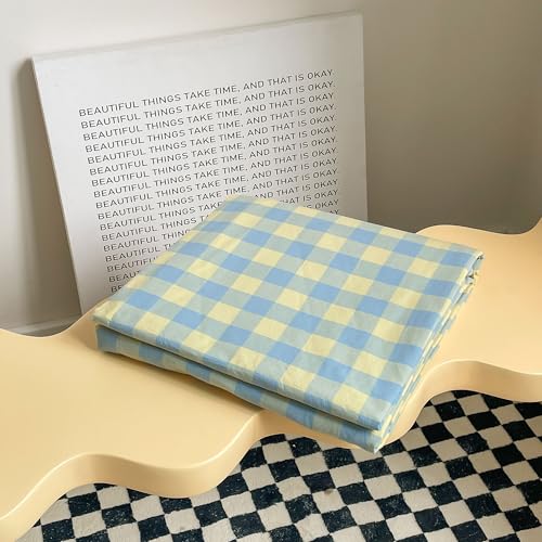 mixinni Plaid Duvet Cover Set Twin Yellow - Soft Washed Cotton Modern Geometric Bedding Set with 2 Pillowcases, Blue Green Gingham Grid Twin Duvet Cover for Men & Women, Soft & Lightweight - color: 04 - Yellow/Blue Plaid, size: Twin