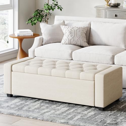 Ottoman with Storage Bench,Large Storage Ottoman Entryway Benches Ottoman Bench with Cushion and Safety Hinge - color: Beige
