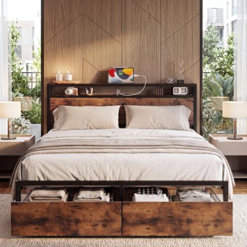 LIKIMIO Queen Bed Frame with Headboard, 2 Drawers and Charging Station - color: Retro Brown, size: Queen