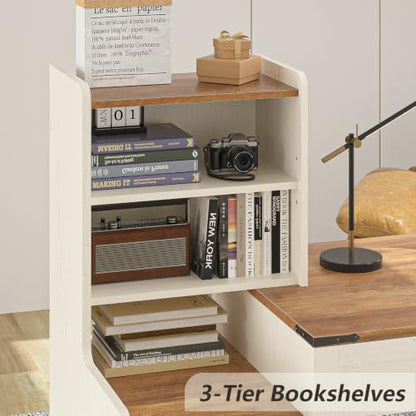 60" Computer Desk with Drawers & Bookshelves for Bedroom, Home Office | White Computer Desk with Bookcase & Drawers, Vanity Desk Writing Study Table with Storage, Antique White - color: Antique White