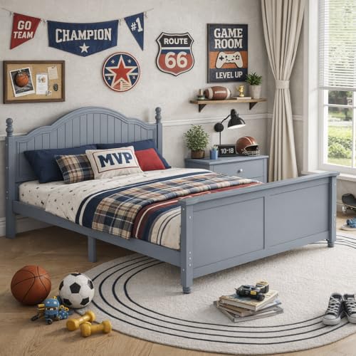 Full Size Kids Bed Frame with Removable Guardrails, Low Profile, Gray | 3 guardrail setups: all installed, front removed or all removed; 8 slats; 6-inch mattress sold separately; no box spring - color: Grey, size: Full