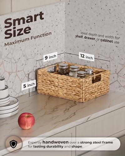 Bluewest Water Hyacinth Storage Baskets, Set of 6, Woven Bins with Handles | Organizer and Laundry Basket with Carrying Handles, Designed as a Rattan Bin for Shelves, Closets and Household Essentials. - color: Natural