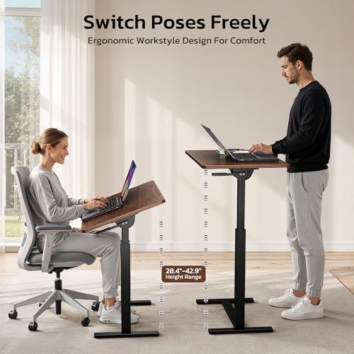 Mobile Standing Desk Adjustable Overbed Table, Pneumatic Height Adjustable Rolling Laptop Desk with Hidden Wheels, 0-180°Tilt Top Rolling Computer Cart Foldable for Home Office, Craft & Study, Brown - color: Brown, style: Fully Tiltable