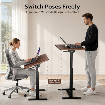 Mobile Standing Desk Adjustable Overbed Table, Pneumatic Height Adjustable Rolling Laptop Desk with Hidden Wheels, 0-180°Tilt Top Rolling Computer Cart Foldable for Home Office, Craft & Study, Brown - color: Brown, style: Fully Tiltable
